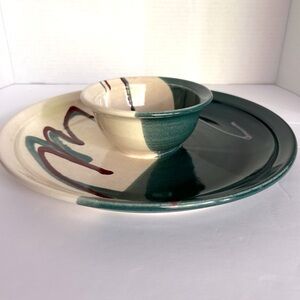 Chips and Salsa ArtisanStudio Pottery Serving Dish Jade Green Cream and Burgundy